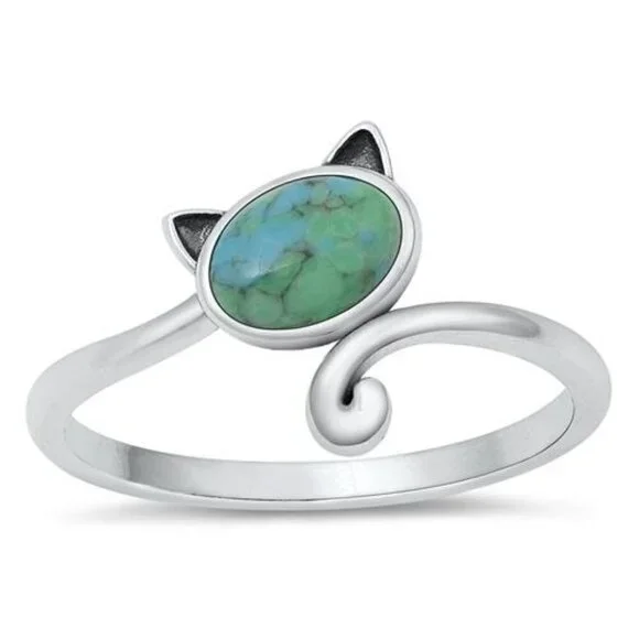 Sterling Silver 925 Turquoise Cabochon Kitty Cat Bypass Style Band Ring Sz 6