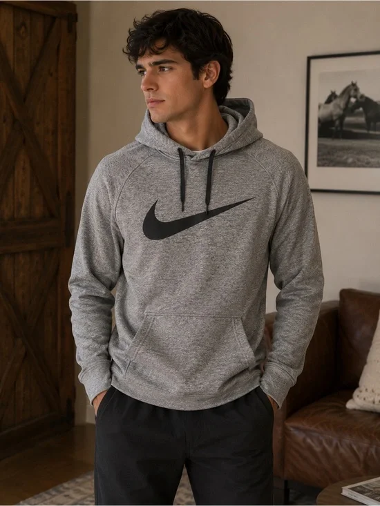 Nike Grey Heather Pullover Hoodie with Black Swoosh