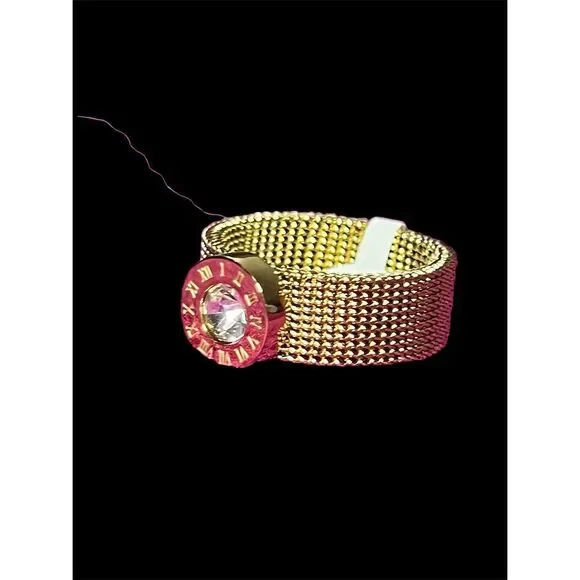 Gold Stainless Steel Ring w/ Large Round Crystal & Roman Numerals Size 9