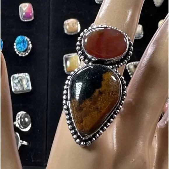 💕 Large Jasper and carnelian double‎ gemstone silver plated ring  size 9