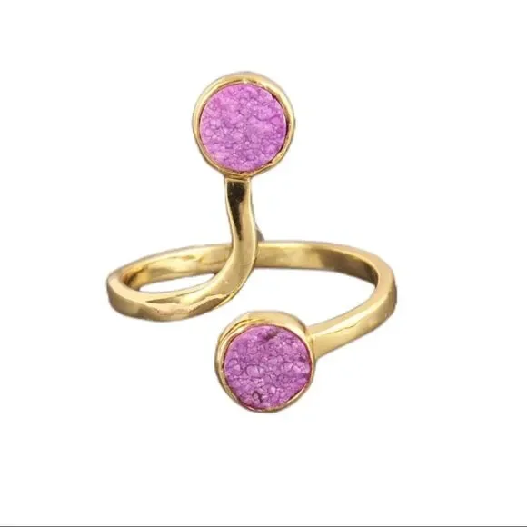 Pink Purple Sugar Druzy Yellow Gold Plated Brass Snake Shape Adjustable Ring