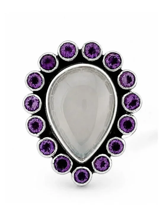 Genuine 3.85 Cts Moonstone & Amethyst Ring Solid .925 Sterling Silver