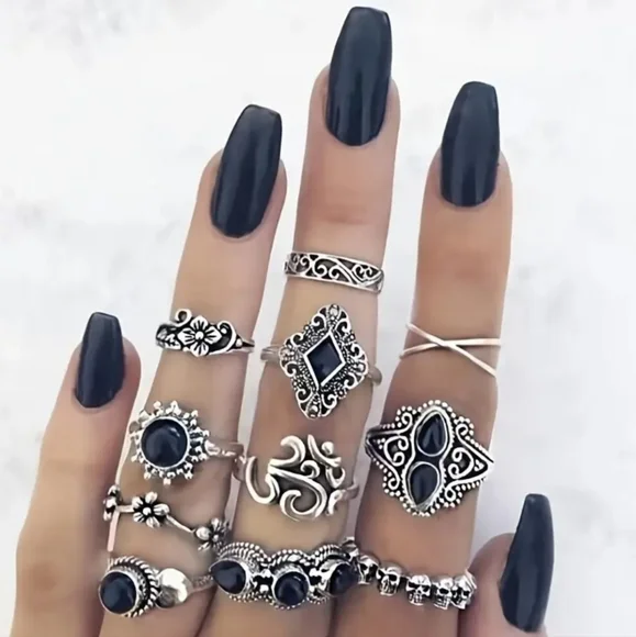 Set of eleven silver onyx stack rings midi rings knuckle rings  NWT