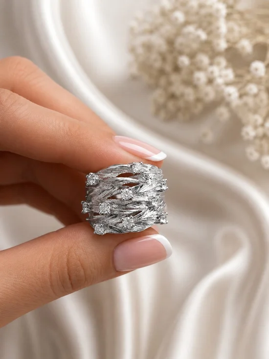 Silver Multi-Row Layered Ring with Clear Stones - Women Jewelry