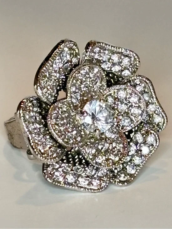 Large Floral CZ Cocktail Ring Silver Tone Pave Crystal Statement Size 6.75