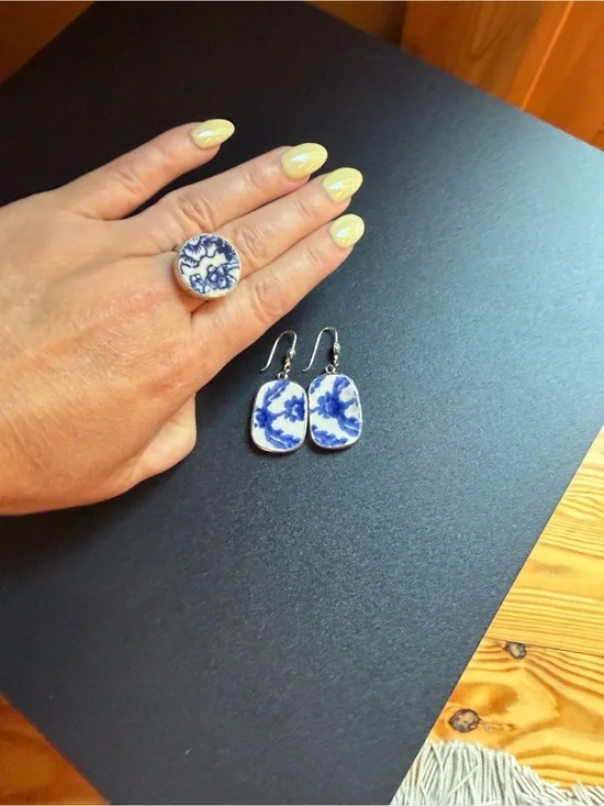 Artisan Blue and White Porcelain Floral Ring & Matching Earrings Set