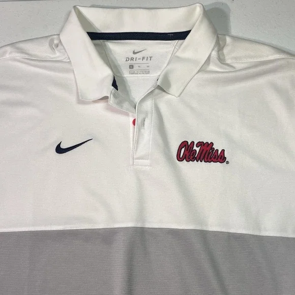 Nike Dri-FIT Mens Ole Miss Rebels Polo Shirt White/Red/grey‎ Size XL EUC