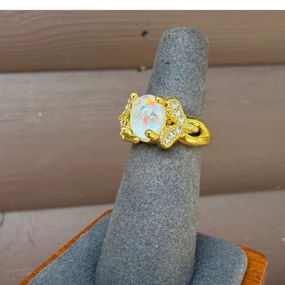 Gold Tone Oval Faux Fire Opal Ring Rhinestone Accents Size 6