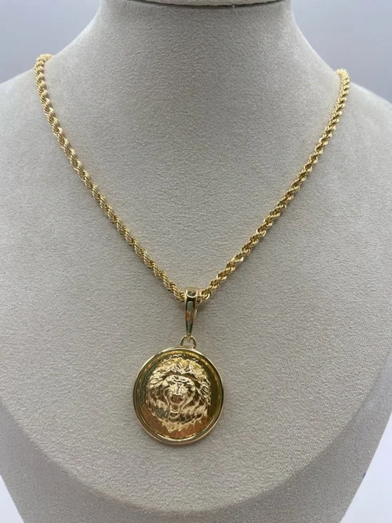 Bellezza Yellow Bronze Rope Necklace With Lion Head Pendant Enhancer 20”L