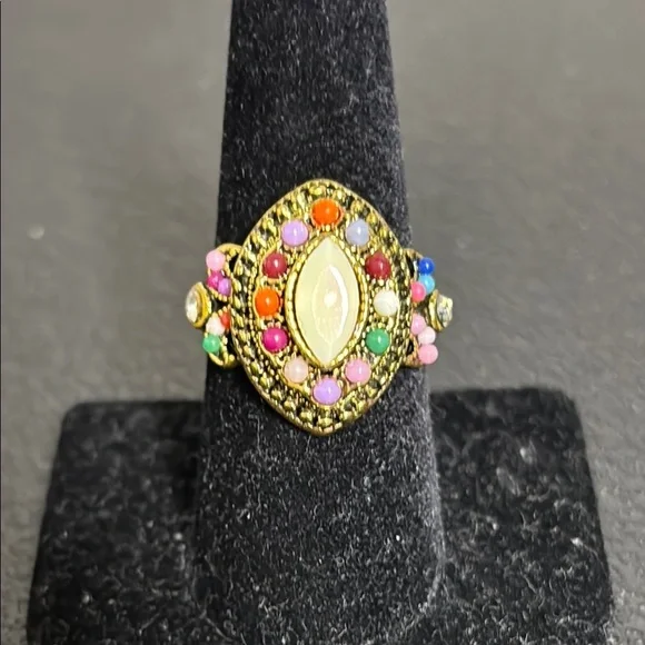 Fashion Antique Gold Vintage Ring w/ Colorful Resin Beads & Stone