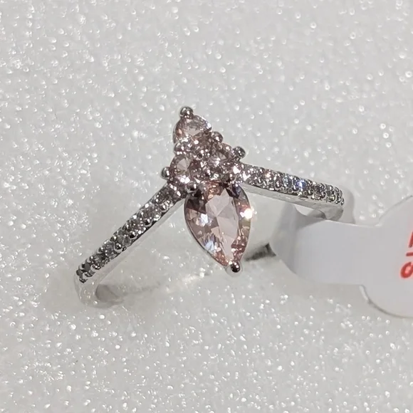 NWT Bomb Party Brilliant Pear Shape LC Pink Moissanite Rhodium Plated Sz 10 Ring