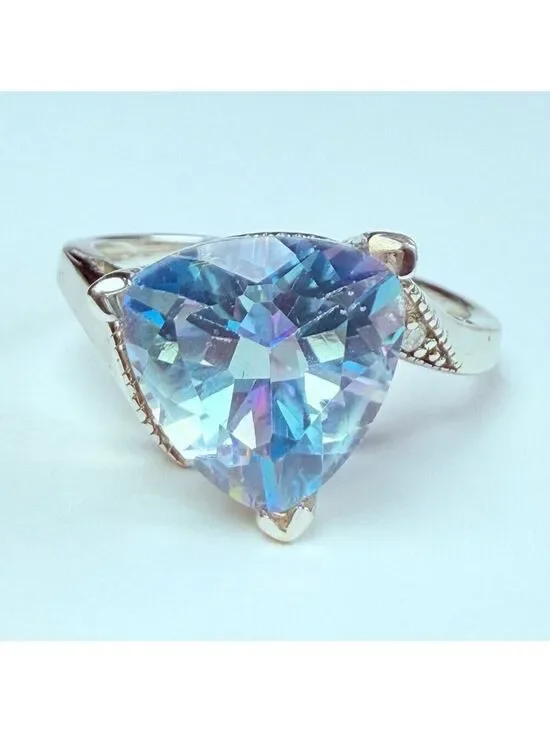 Estate 10K Solid White Gold 4 CT Mystic Topaz & Diamond Aurora Borealis Ring