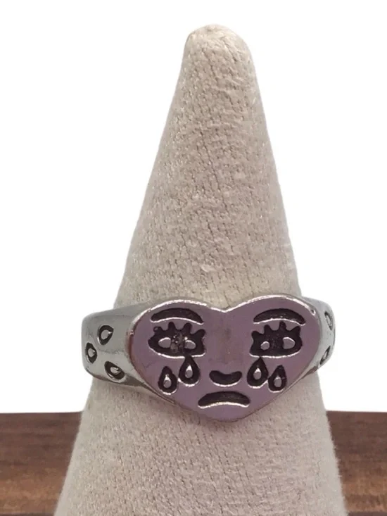 Size 6.25 Silver Tone Heart Crying Face Ring - Women's Jewelry, Adjustable