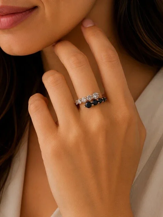 BHS Rose Gold Tone Black & Clear CZ Bypass Ring Size 6 – Elegant Modern‎ Fashion