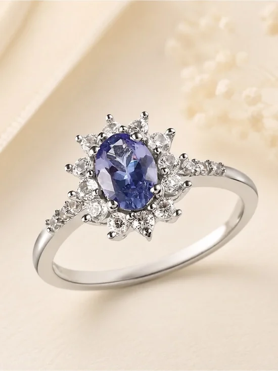Tanzanite & White Zircon Sunburst Ring Platinum Over Sterling Silver 1.00 CTW