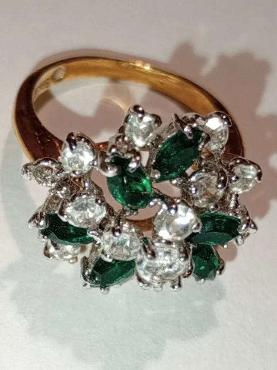 Vintage Emerald and Clear Cluster Cocktail Ring - Women Jewelry 18k HGE