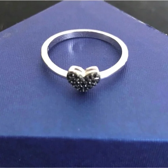 Sterling Silver Heart Ring with Black Pavé Stones