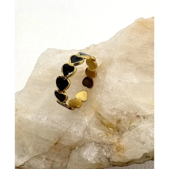 18K Gold‎ Plated Heart Enamel Band Ring Size 7 Open Adjustable Black Hearts Cute