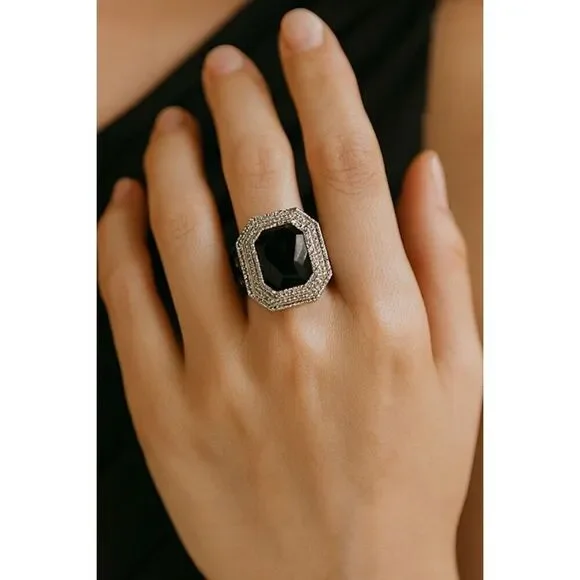 Melanite and white diamond sterling silver size 8 ring.