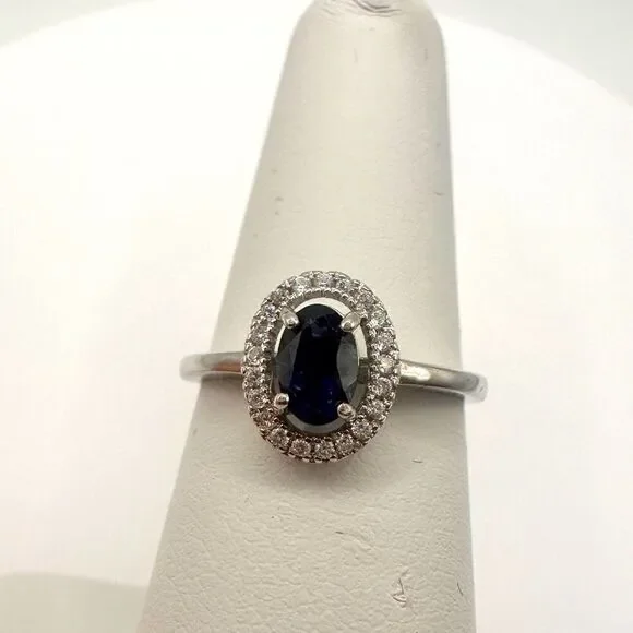 SALE! .73ct deep blue iolite,‎ cz halo diamonds, stamped .925 ring!