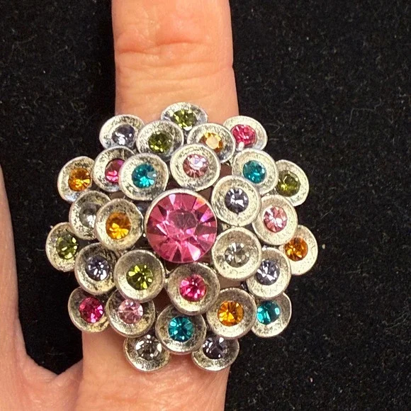 Multicolor Rhinestone Cluster Stretch‎ Cocktail Ring Antiqued Silver Tone Domed