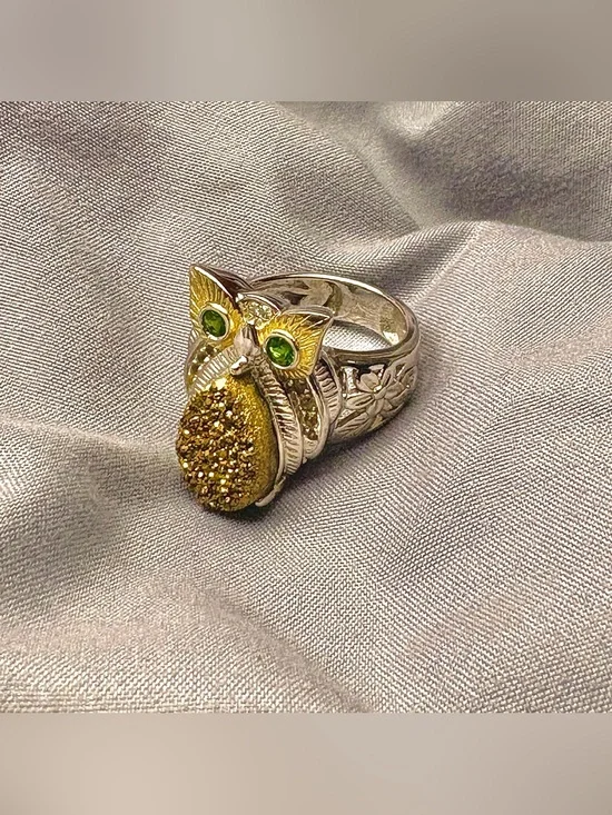 Sterling Silver Owl Ring Gold Druzy & Green Eyes 925 China (Sajen Style)