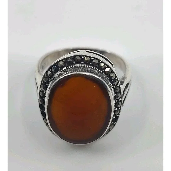 Sterling Silver 925 Carnelian Agate Rhinestone Accent Size 7.75 Women's‎ Ring