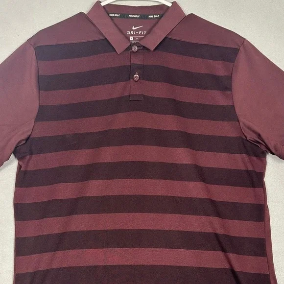 Nike Golf Polo Shirt Mens Medium Burgundy Dri-Fit Striped Athletic Rugby Swoosh