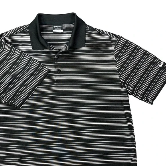 Nike Dri Fit Golf Polo Shirt Mens Medium Black Striped Performance Athletic Wick