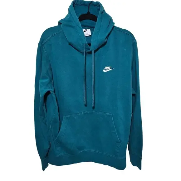 Vintage Teal with White Swoosh Nike Pullover Hoodie Kangaroo Pockets Size Large