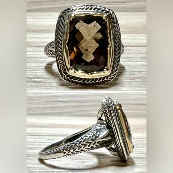 Vintage Designer Sterling Silver & Gold Brown Faceted Quartz Ring, Size 10