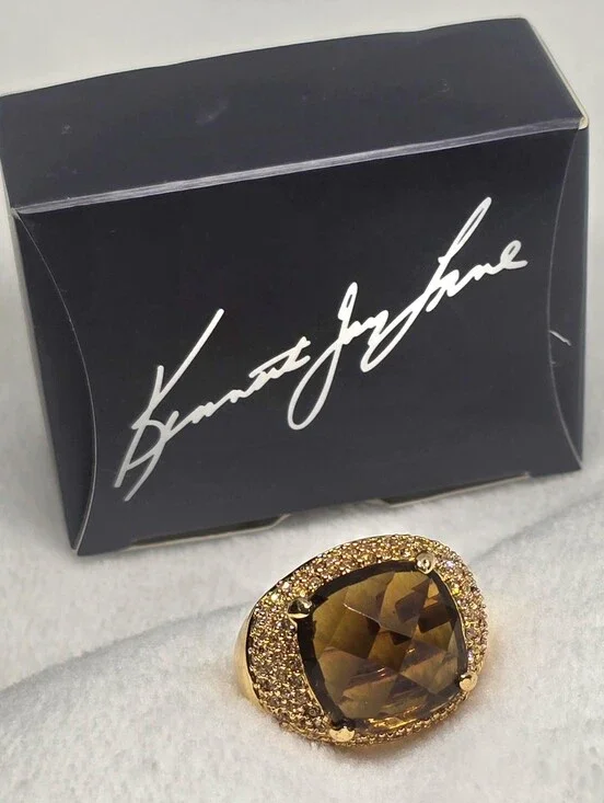 Kenneth Jay Lane KJL Smoky Brown Crystal Cocktail Ring Gold Tone Pavé M 8.5 Box