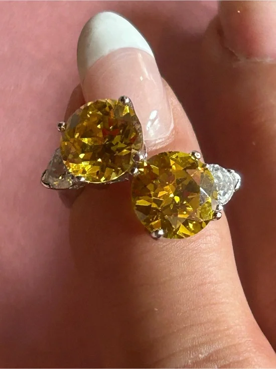 Vintage Sterling Silver Yellow and Clear Cubic Zirconia (CZ) Bypass Ring. Size 7