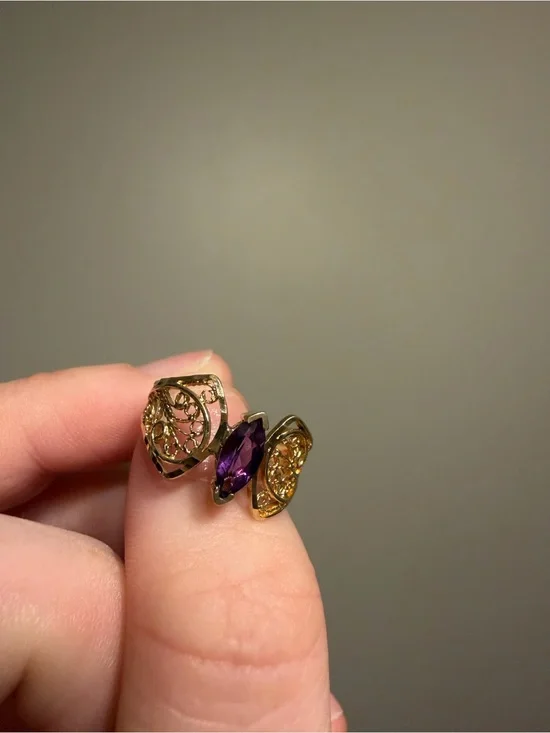 Vintage 10K Gold Amethyst Marquise Filigree Statement Ring