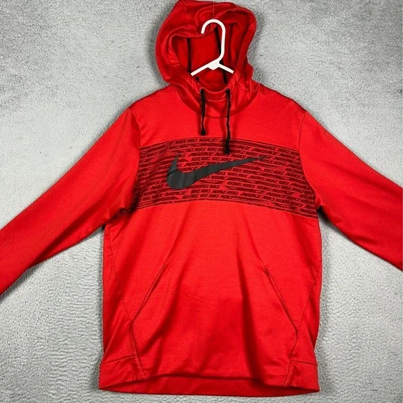 Nike Hoodie Mens Large Red Black Dri-FIT Graphic Big Swoosh Pullover Sweatshirt