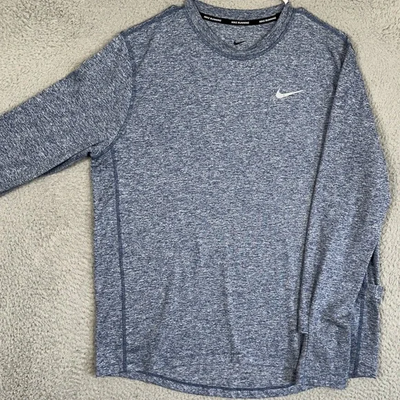 Nike Running Shirt Mens Large Blue Dri-Fit Salt Pepper Activewear Long Sleeve