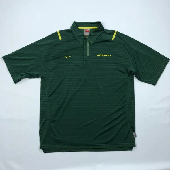 Nike Team Oregon Ducks Polo Shirt Mens Large Green Yellow Striped Nike FIT DRY