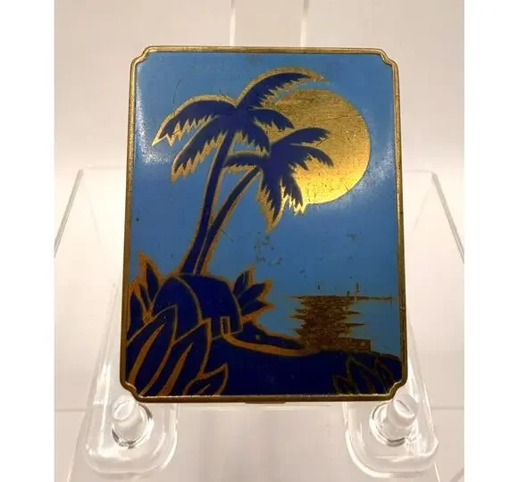 Vintage Inlay Enameled & Brass Makeup Compact Case W/Seaside Design