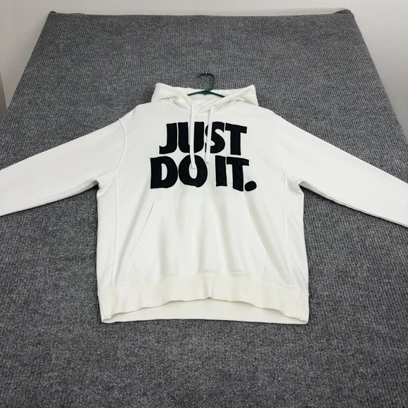Nike Hoodie Mens M White Cotton Just Do‎ It Graphic Fleece Pullover Streetwear