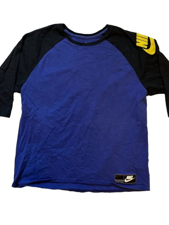 Nike Blue and Black Long Sleeve Raglan Tee with Yellow Logo