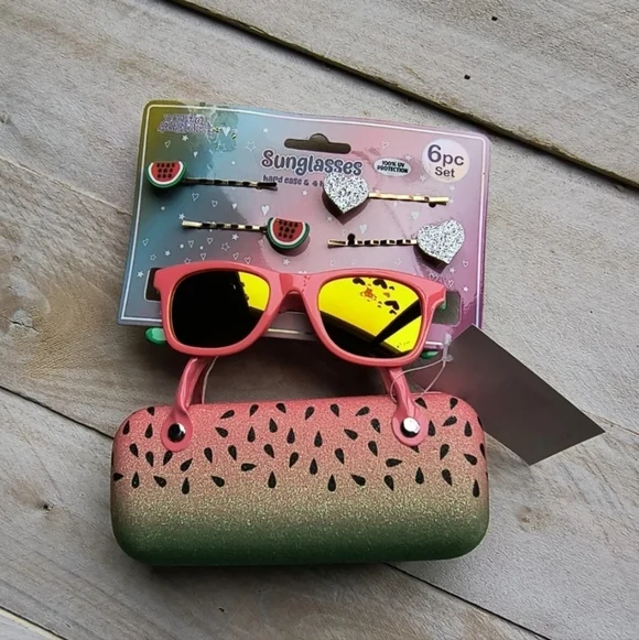 Kids Girls Watermelon Pink Sunglasses and Carrying Case With Hair Clip Set New!