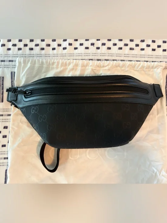 NEW Gucci GG Unisex Embossed Black Shadow Belt Bag Large Size 90 Neoprene Rubber
