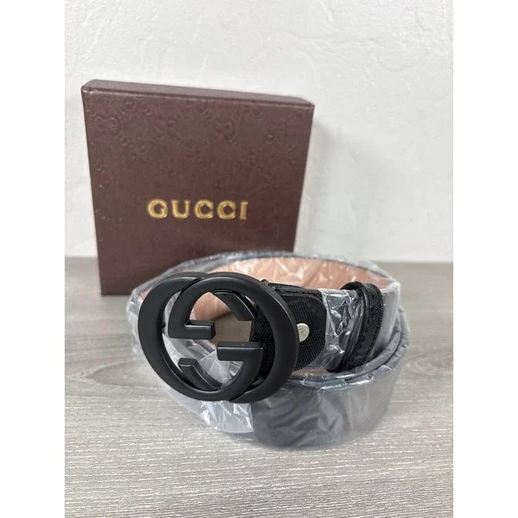 Gucci Interlocking G Black Leather Belt 1.5