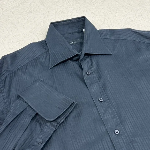 Gucci Mens Black Tonal Pinstripe Cotton Dress Shirt Made in‎ Italy Size 42 16.5