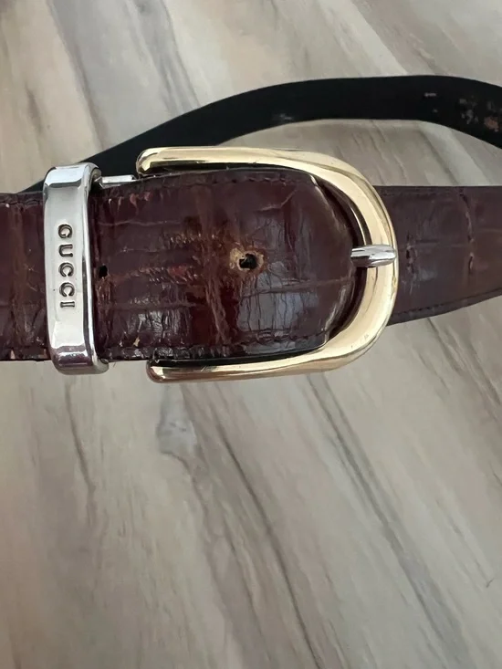 Vintage Gucci Brown Leather Croco Belt Gold and Silver Buckle Accents