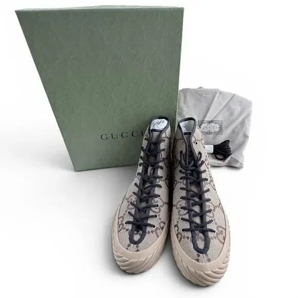 Gucci Tortuga Macro GG Canvas High-Top Sneaker Camel Ebony Sz 12.5 NIB