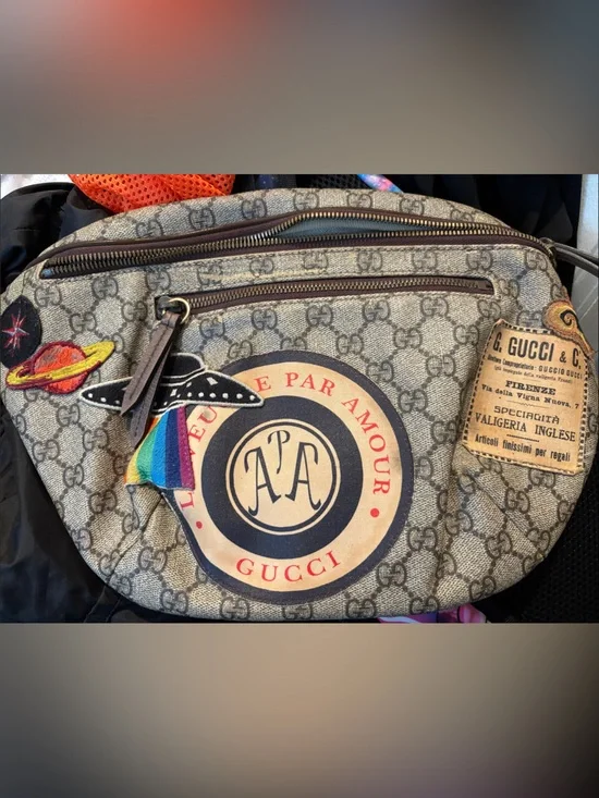 Gucci Beige Monogram Belt Bag with Colorful Patch Accents
