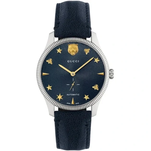 $3950 Gucci G-Timeless 40mm Charm Dial Automatic Watch, Deep Navy Blue
