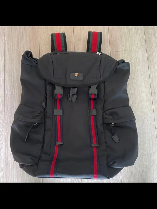 Gucci Black Backpack with Red and Green Stripe Accents