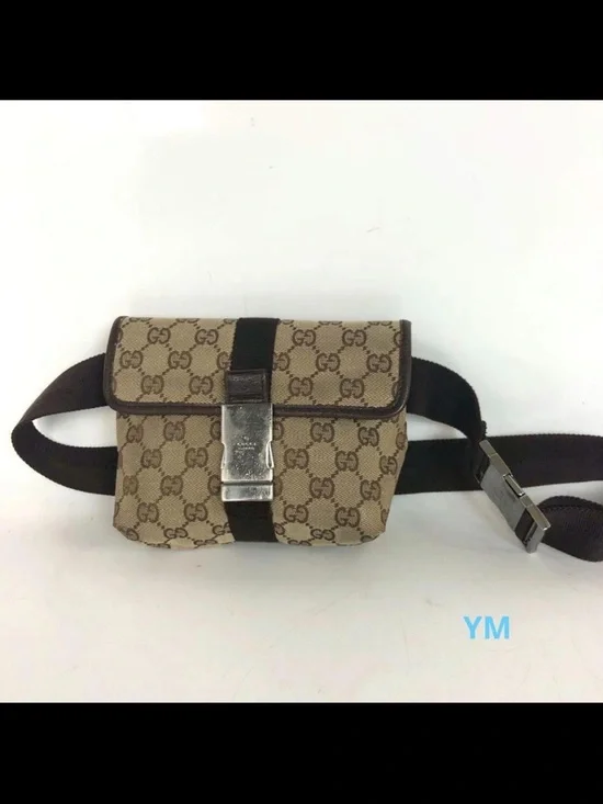 Gucci Beige GG Supreme Canvas Belt Bag with Dark Brown Strap